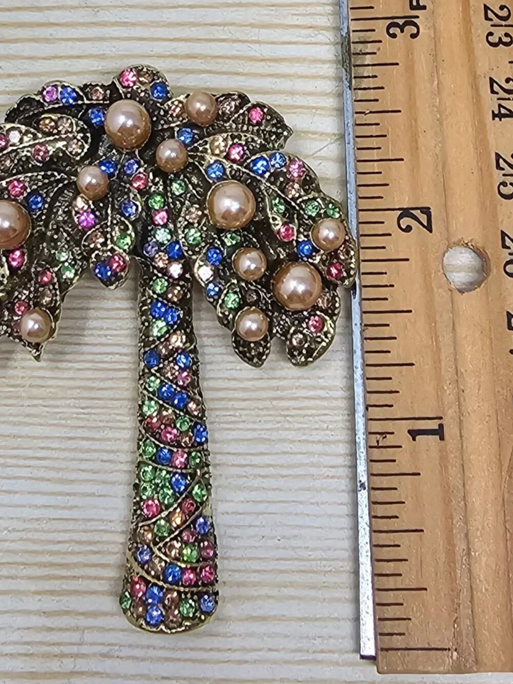 Palm Tree Brooch Pin Rhinestone Faux Pearls Vintage Style